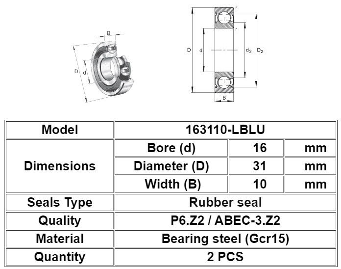 163110-2RS Łożysko kulkowe rowerowe rozmiar 16 mm x 31 mm x 10 mm